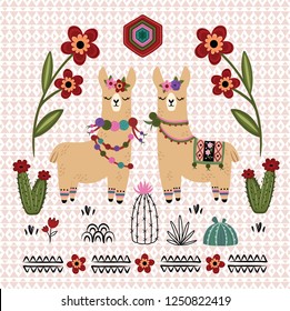 Ethnic Flowers Cute Lama White