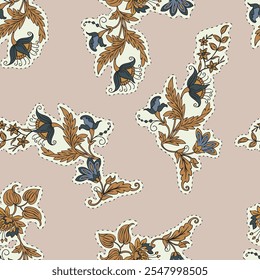 Ethnic, flowers paisley, embroidery and geometric motifs fabric patchwork abstract vector seamless pattern. Monotone beige original stylish floral background print