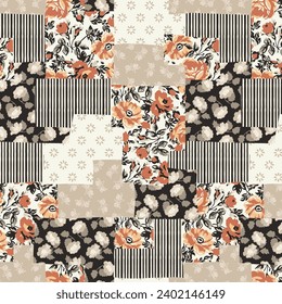 Ethnic, flowers paisley and geometric motifs fabric patchwork abstract vector seamless pattern. Ethnic rose motifs fabric pattern patchwork pattern.