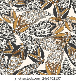 Ethnic, flowers paisley and geometric motifs fabric patchwork abstract vector seamless pattern. Monotone original stylish floral background print