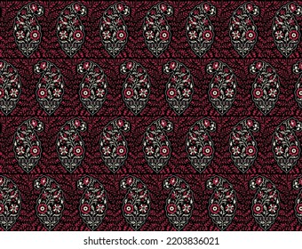 Ethnic flowers and vintage leaves seamless pattern illustration with paisley cashmere abstract colorful elements. Fabric motif texture repeated. Black background.
