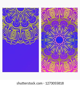 Ethnic Flyer. Templates With Mandalas. Vector Illustration. For Invitation, gift card. Blue, purple color