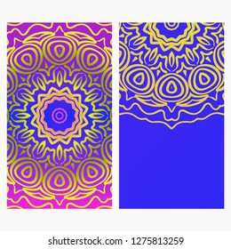 Ethnic Flyer. Templates With Mandalas. Vector Illustration. For Invitation, gift card. Blue, purple color