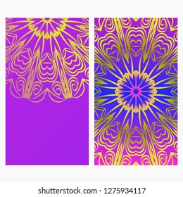 Ethnic Flyer. Templates With Mandalas. Vector Illustration. For Invitation, gift card. Blue, purple color