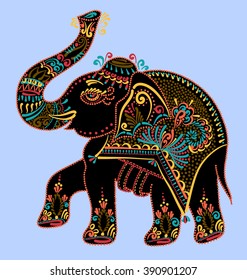 ethnic folk art indian elephant, vector dot painting illustration 