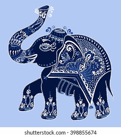 ethnic folk art indian elephant, vector dot painting illustration