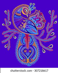 ethnic folk art of peacock bird with flowering branch design, vector dot painting illustration
