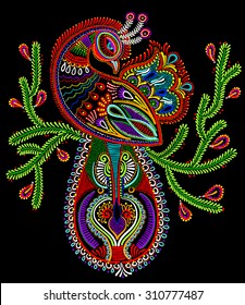 Ethnic Folk Art Of Peacock Bird With Flowering Branch Design, Vector Dot Painting Illustration