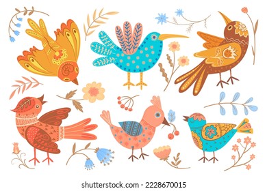 Ethnic folk birds. Decorative bird with flower wing stylized in scandinavian culture, slovak embroidery patch leaves elements nordic ornamental animals set neat vector illustration of ethnic folk bird