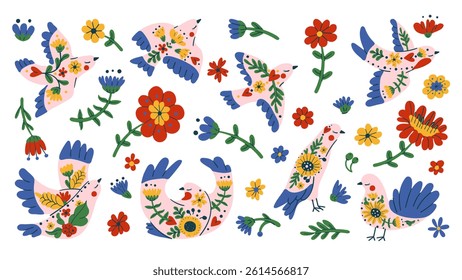 Ethnic folk birds with floral patterns flowers