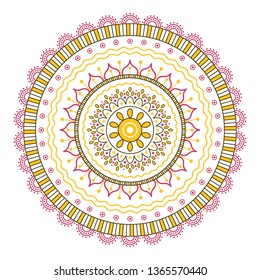 Ethnic folk and boho print template illustration. Radial floral pink and yellow colored drawn vector