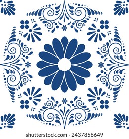 Ethnic folk ceramic tile in Talavera style with navy blue floral ornament. Seamless pattern, traditional Portuguese, Mexican and Spanish decoration. Mediterranean porcelain ceramics.