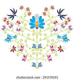 Ethnic folk floral pattern in heart shape on white background
