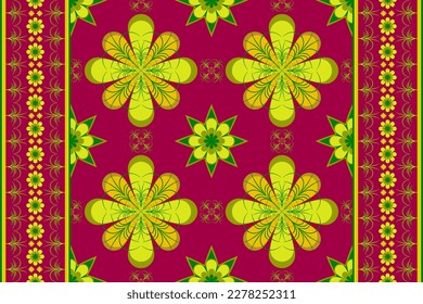 Ethnic folk geometric seamless pattern in flower red and green tone in vector illustration design for fabric, mat, carpet, scarf, wrapping paper, tile and more 