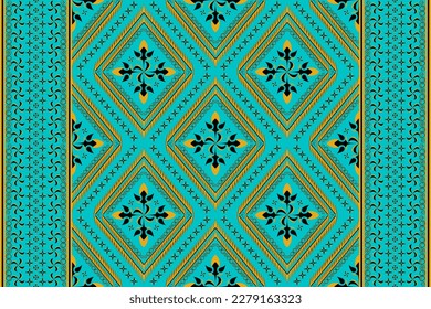 Ethnic folk geometric seamless pattern in cyan and yellow tone in vector illustration design for fabric, mat, carpet, scarf, wrapping paper, tile and more