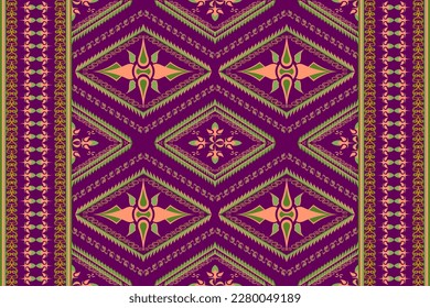 Ethnic folk geometric seamless pattern in violet, orange and green tone in vector illustration design for fabric, mat, carpet, scarf, wrapping paper, tile and more