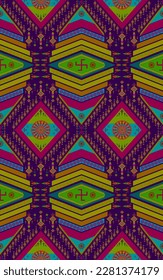 Ethnic folk geometric seamless pattern in colorful purple, violet and yellow tone in vector illustration design for fabric, mat, carpet, scarf, wrapping paper, tile and more