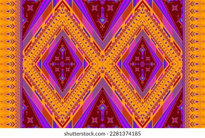 Ethnic folk geometric seamless pattern in purple, red and yellow tone in vector illustration design for fabric, mat, carpet, scarf, wrapping paper, tile and more