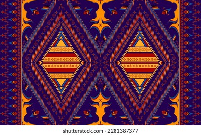 Ethnic folk geometric seamless pattern in dark blue, red and yellow tone in vector illustration design for fabric, mat, carpet, scarf, wrapping paper, tile and more