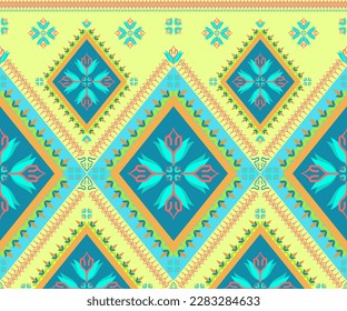 Ethnic folk geometric seamless pattern in light green and blue tone in vector illustration design for fabric, mat, carpet, scarf, wrapping paper, tile and more
