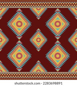 Ethnic folk geometric seamless pattern in red, orange and cyan tone in vector illustration design for fabric, mat, carpet, scarf, wrapping paper, tile and more