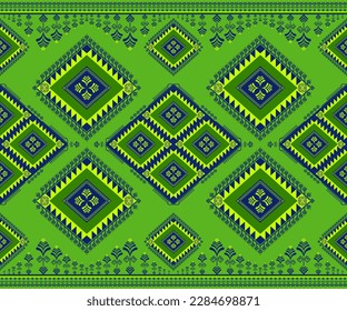 Ethnische volkstümliche geometrische, nahtlose Muster in grün und blau in Vektorgrafik-Design für Stoff, Matte, Teppich, Schal, Umhüllungspapier, Fliesen und mehr