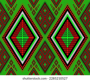 Ethnic folk geometric seamless pattern in red and green tone in vector illustration design for fabric, mat, carpet, scarf, wrapping paper, tile and more