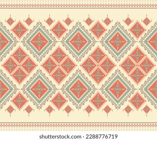 Ethnic folk geometric seamless pattern in orange and green tone in vector illustration design for fabric, mat, carpet, scarf, wrapping paper, tile and more
