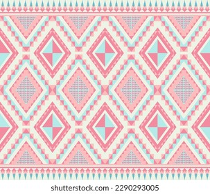 Ethnic folk geometric seamless pattern in pink and cyan tone in vector illustration design for fabric, mat, carpet, scarf, wrapping paper, tile and more