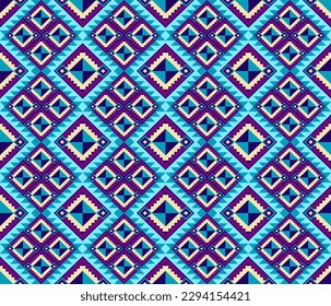 Ethnic folk geometric seamless pattern in blue and purple in vector illustration design for fabric, mat, carpet, scarf, wrapping paper, tile and more