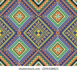 Ethnic folk geometric seamless pattern in colorful vector illustration design for fabric, mat, carpet, scarf, wrapping paper, tile and more