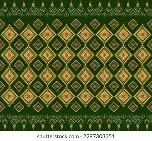 Ethnic folk geometric seamless pattern in yellow and green in vector illustration design for fabric, mat, carpet, scarf, wrapping paper, tile and more