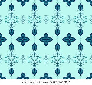 Ethnic folk geometric seamless pattern in green flora vector illustration design for fabric, mat, carpet, scarf, wrapping paper, tile and more