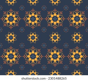 Ethnic folk geometric seamless pattern in dark blue and yellow vector illustration design for fabric, mat, carpet, scarf, wrapping paper, tile and more