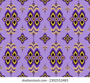 Ethnic folk geometric seamless pattern in yellow and purple vector illustration design for fabric, mat, carpet, scarf, wrapping paper, tile and more