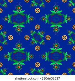 Ethnic folk geometric seamless pattern in green and blue flower vector illustration design for fabric, mat, carpet, scarf, wrapping paper, tile and more