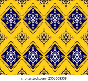 Ethnic folk geometric seamless pattern in yellow and blue vector illustration design for fabric, mat, carpet, scarf, wrapping paper, tile and more
