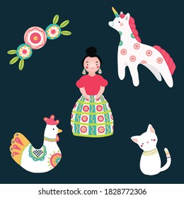 Ethnic folk kids illustration. Country living. Girl, woman, flowers, cockerel, unicon horse & white kitten vector pattern fill. Dymkovo style. Digital seamless paper. Endless pattern