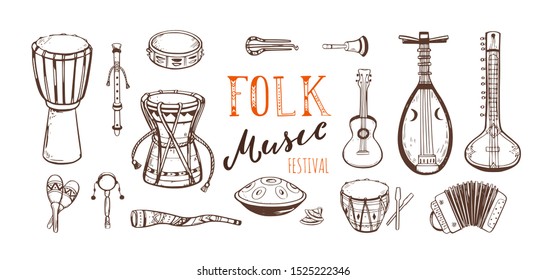 Ethnic, folk music festival vector collection. Different music traditional folk instruments. handwritten Lettering