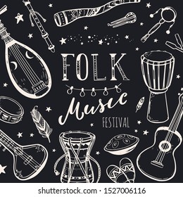 Ethnic, folk music festival vector poster, background. Different music traditional folk instruments. handwritten Lettering