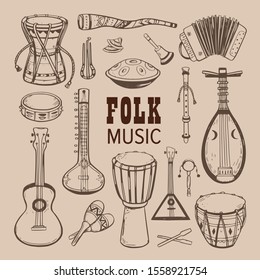 Ethnic, folk music festival vector collection. Different music traditional folk instruments. handwritten Lettering