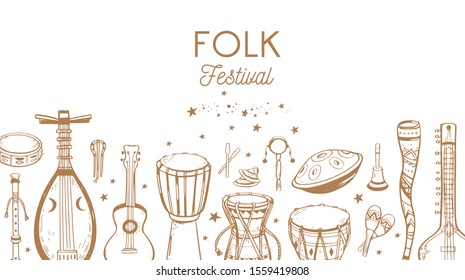 Ethnic, folk music festival vector poster, background. Different music traditional folk instruments. handwritten Lettering