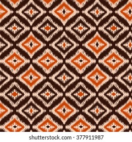 Ethnic folk seamless pattern Ikat Ogee, consisting of orange, beige and brown elements
