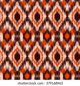 Ethnic folk seamless pattern Ikat Ogee, consisting of orange, beige and brown elements