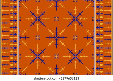 Ethnic folk seamless pattern in orange, blue and yellow tone in vector illustration design for fabric, mat, carpet, scarf, wrapping paper, tile and more