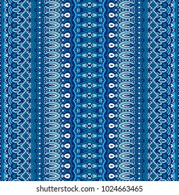 Ethnic folk seamless pattern. Tribal art geometric border. Colorful blue border background texture. Fabric striped, cloth design, wallpaper,