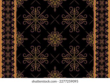 Ethnische Folklore-Symbol nahtloses Muster in schwarzem goldenem Ton in Vektorgrafik-Design für Stoff, Teppich, Schal, Matte, Fliesen und mehr