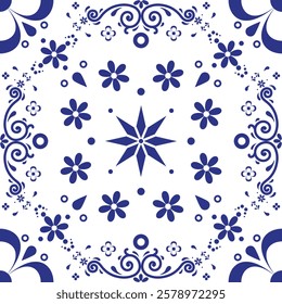 Ethnic Folk Talavera Tile with Navy Blue Floral and Star Motifs – Traditional Mexican, Portuguese, and Spanish Ceramic Design for Mediterranean Decor