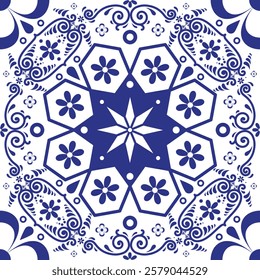 Ethnic Folk Talavera Tile with Navy Blue Floral and Star Motifs – Seamless Traditional Mexican, Portuguese, and Spanish Ceramic Pattern with Mediterranean Charm