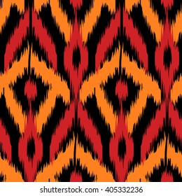Ethnic folk tribal seamless pattern Ikat Ogee, consisting of orange, red and black elements